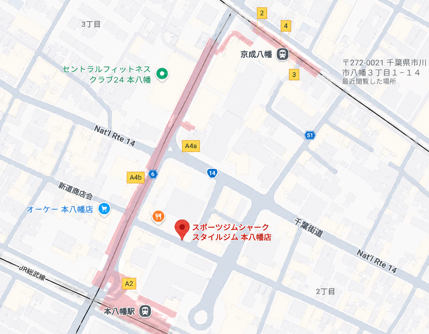 JR本八幡駅・都営新宿線本八幡駅・京成八幡駅からShark Style Gymまでのアクセスマップ